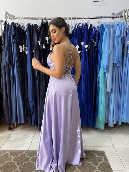 VESTIDO ALCINHA COM DECOTE FENDA LISO VESTIDO DE FESTA PETRA FINA